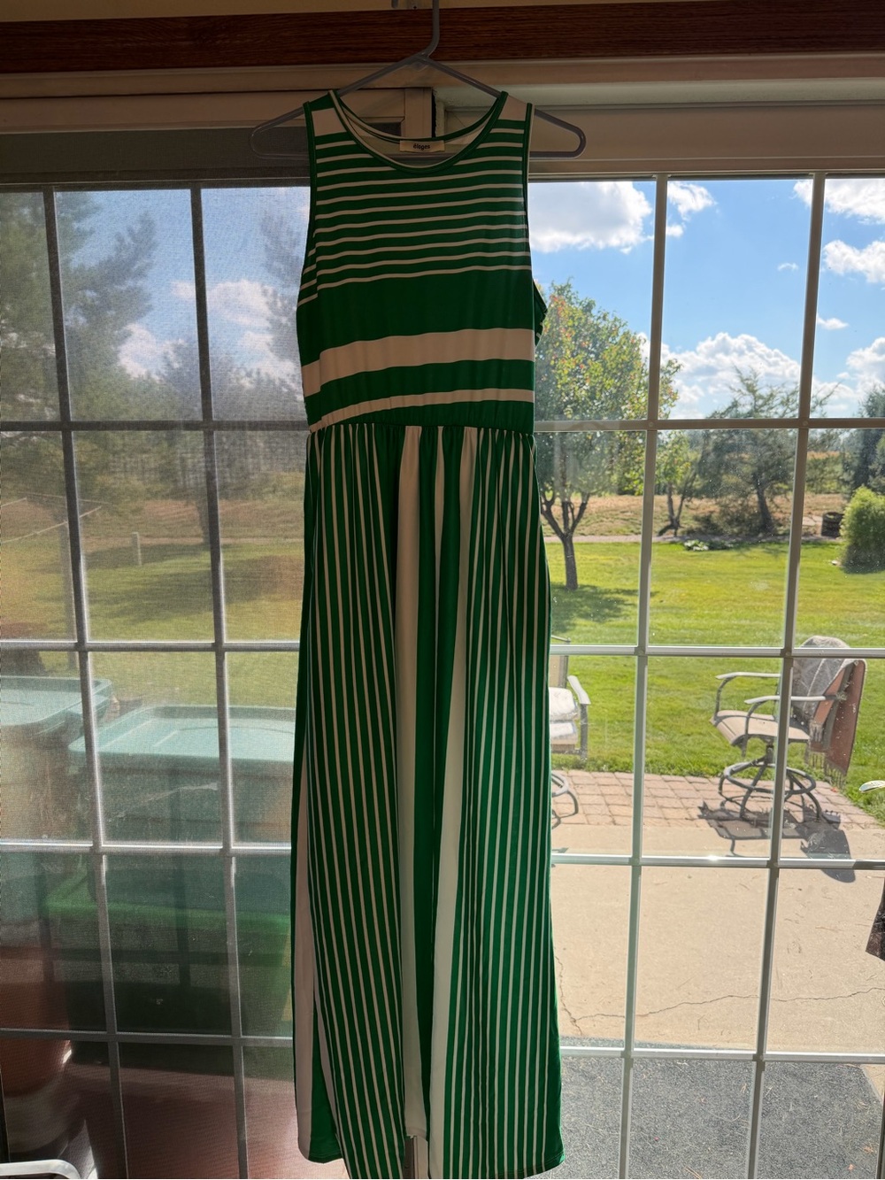 Green and White Striped Sleeveless Maxi Dress. Bin 125.